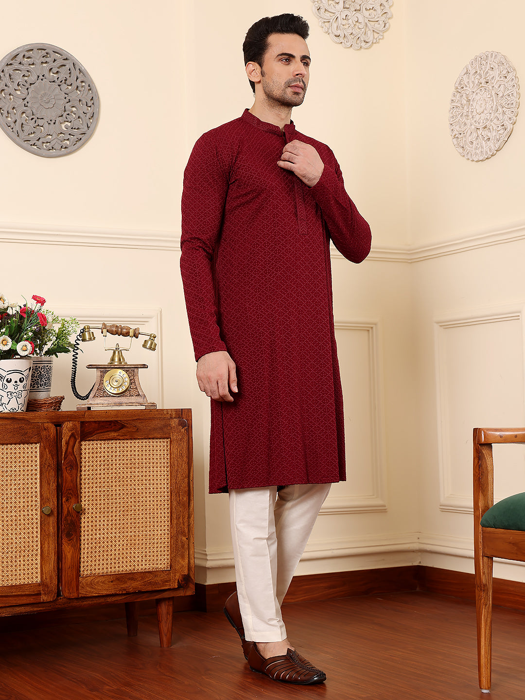 MULTI SHADES Men's Rayon Silk Straight Classic Red Chikankari Kurta,Cream Solid Trouser Style Churidar | Grocsy