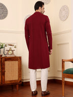 MULTI SHADES Men's Long Sleeve Mandarin Collar Rayon Silk Straight Classic Red Chikankari Kurta | Grocsy