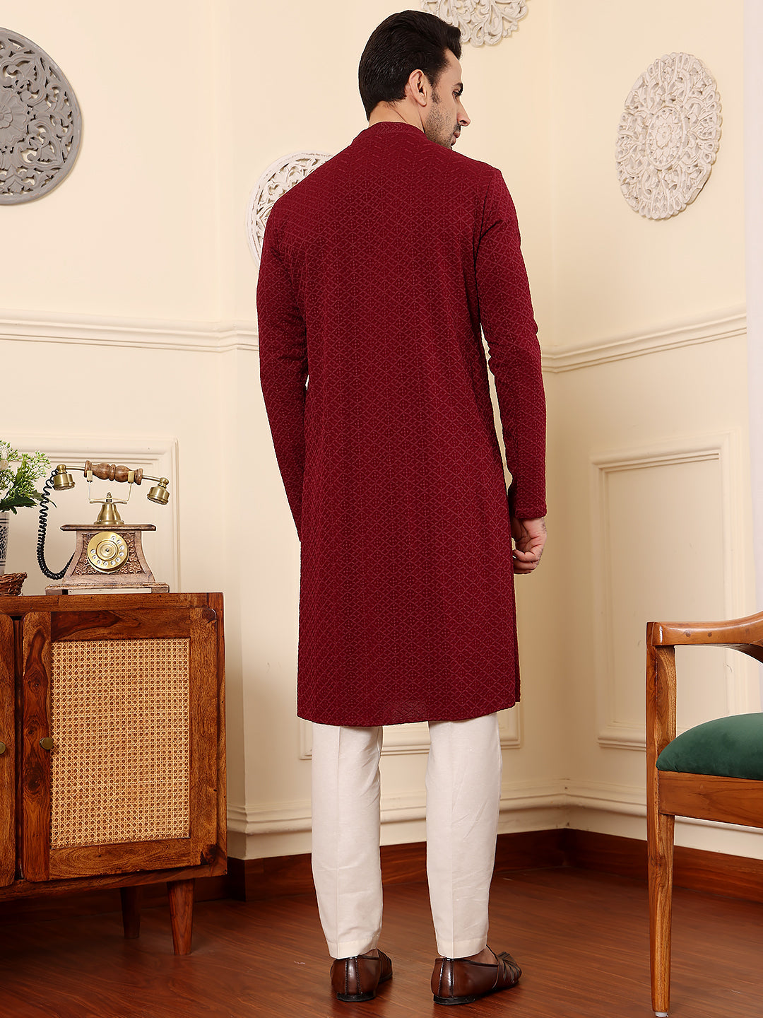 MULTI SHADES Men's Long Sleeve Mandarin Collar Rayon Silk Straight Classic Red Chikankari Kurta | Grocsy