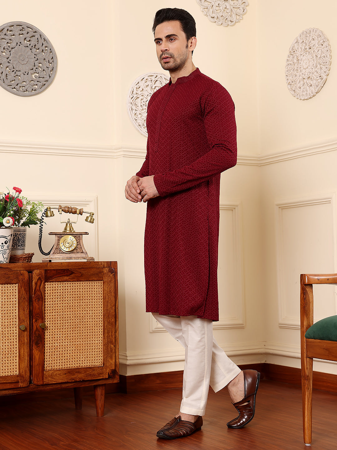 MULTI SHADES Men's Rayon Silk Straight Classic Red Chikankari Kurta,Cream Solid Trouser Style Churidar | Grocsy