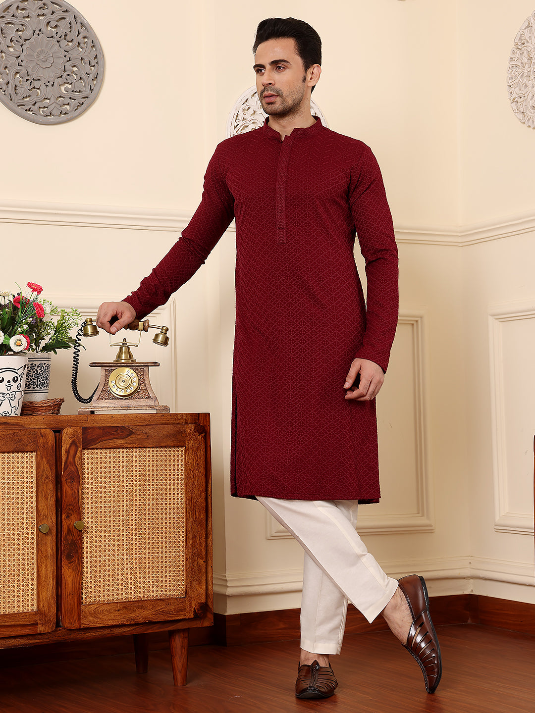 MULTI SHADES Men's Rayon Silk Straight Classic Red Chikankari Kurta,Cream Solid Trouser Style Churidar | Grocsy