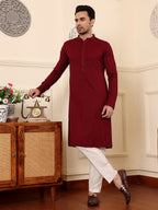 MULTI SHADES Men's Long Sleeve Mandarin Collar Rayon Silk Straight Classic Red Chikankari Kurta | Grocsy