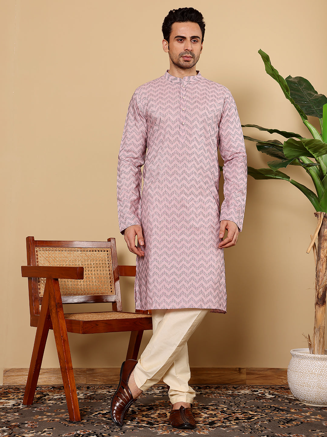 MULTI SHADES Men's Long Sleeve Mandarin Collar Elegant Pink Straight Cotton Kurta With Embroidery | Grocsy