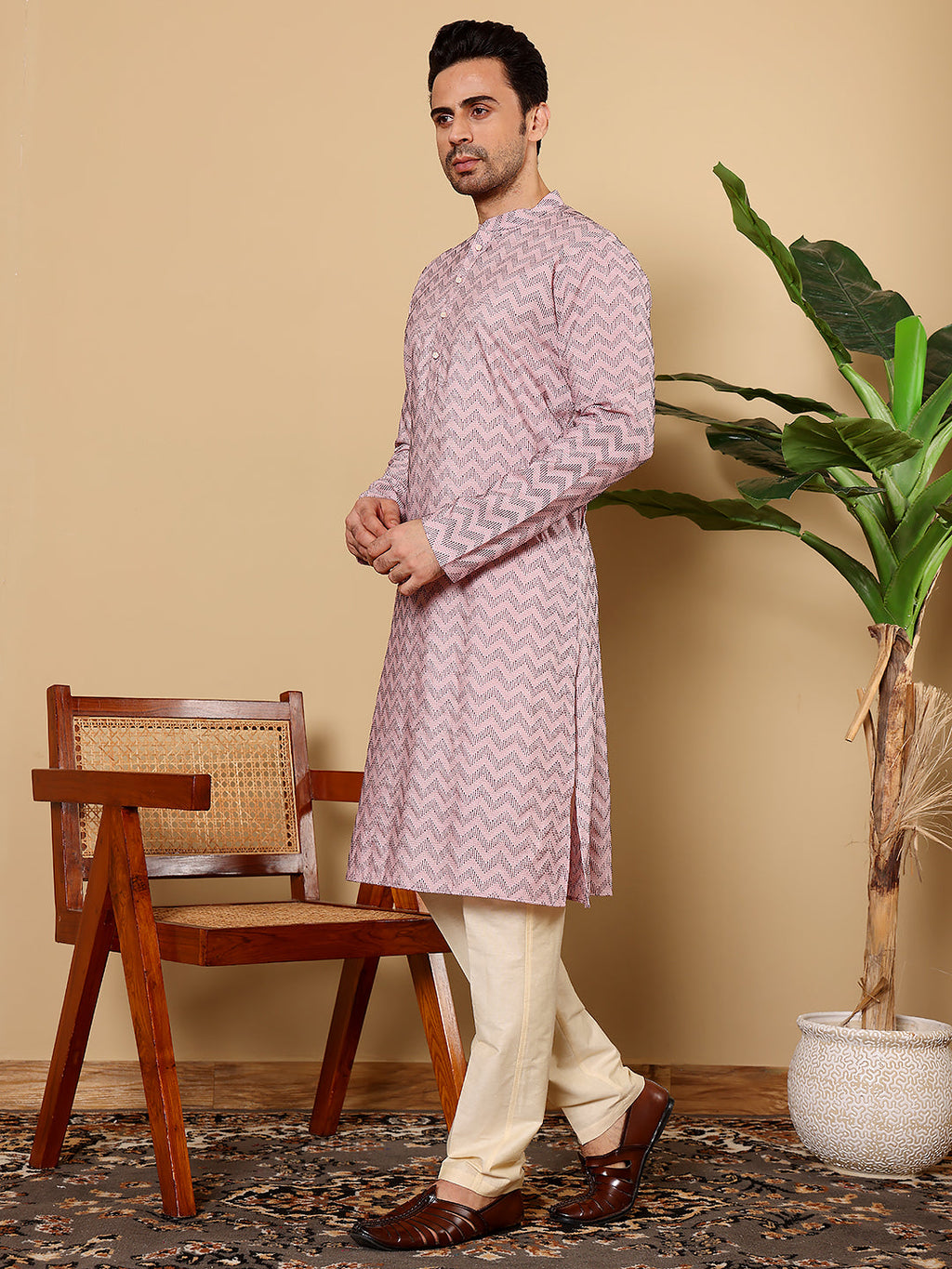 MULTI SHADES Men's Long Sleeve Mandarin Collar Elegant Pink Straight Cotton Kurta With Embroidery | Grocsy