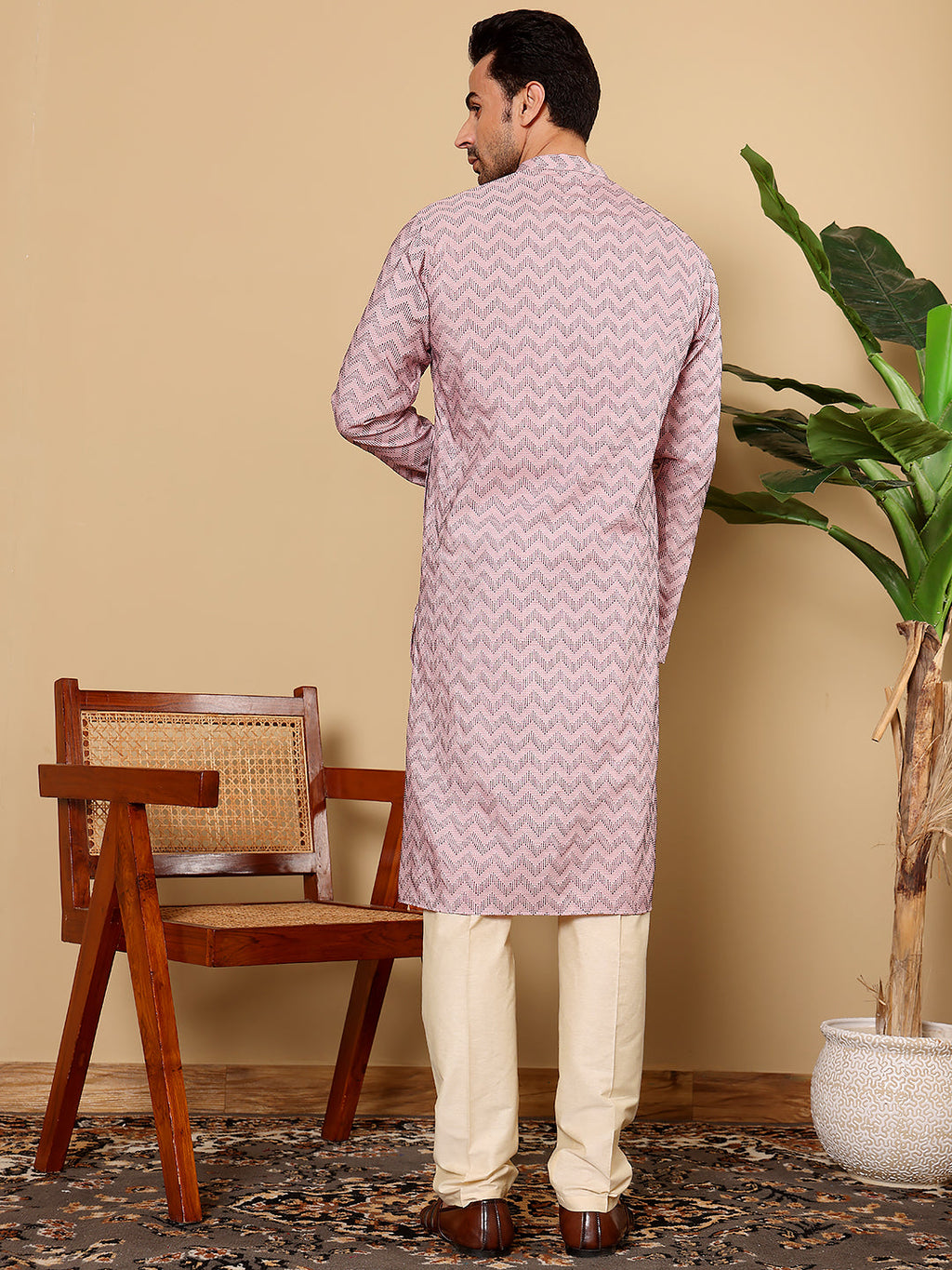 MULTI SHADES Men's Elegant Pink Straight Cotton Kurta With Embroidery,Cream Solid Trouser Style Churidar | Grocsy