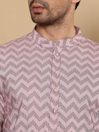 MULTI SHADES Men's Long Sleeve Mandarin Collar Elegant Pink Straight Cotton Kurta With Embroidery | Grocsy