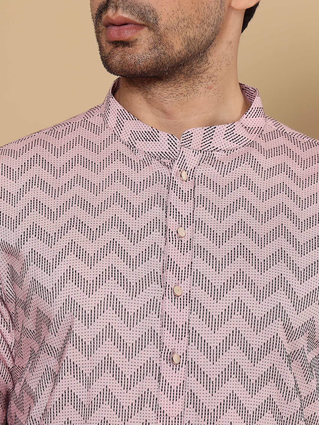 MULTI SHADES Men's Long Sleeve Mandarin Collar Elegant Pink Straight Cotton Kurta With Embroidery | Grocsy