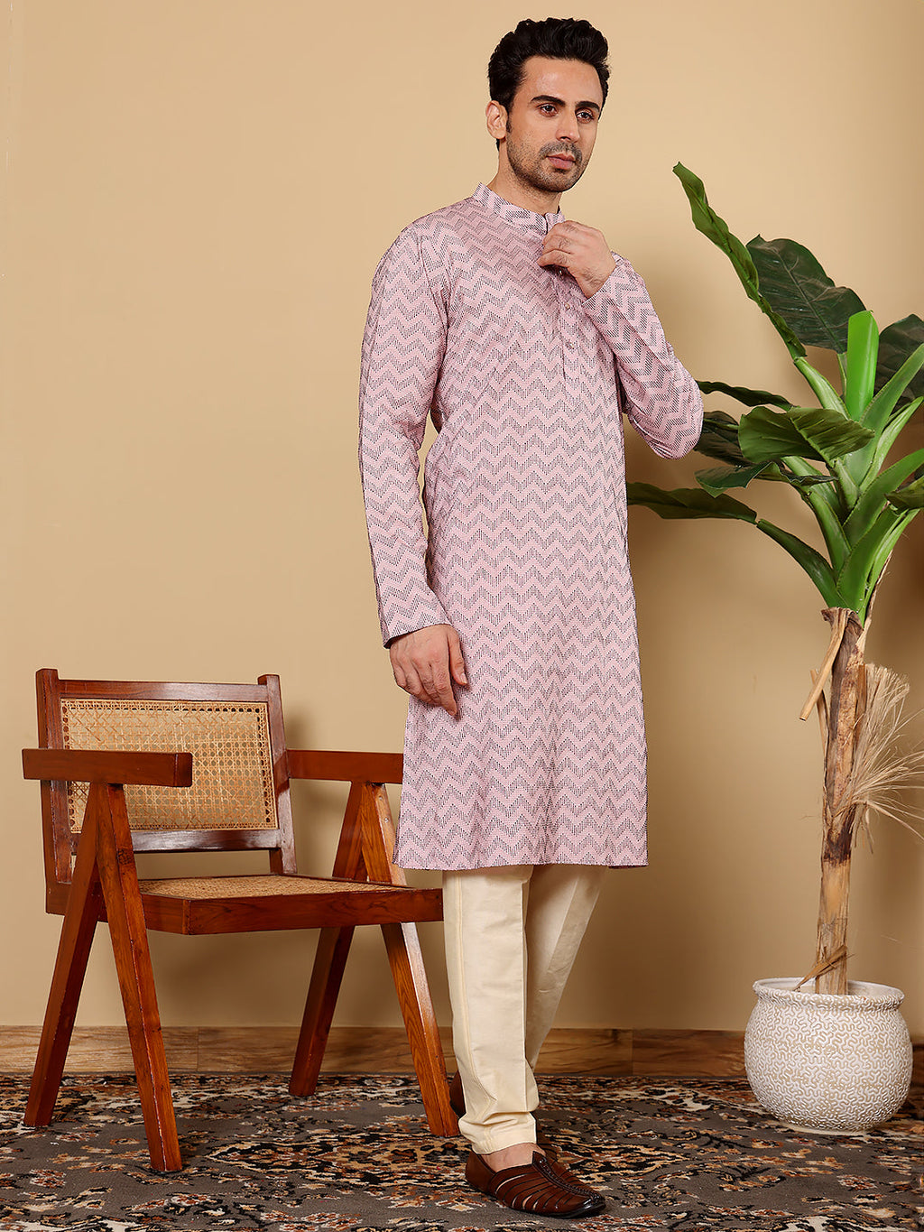 MULTI SHADES Men's Long Sleeve Mandarin Collar Elegant Pink Straight Cotton Kurta With Embroidery | Grocsy