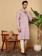 MULTI SHADES Men's Long Sleeve Mandarin Collar Elegant Pink Straight Cotton Kurta With Embroidery | Grocsy