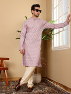 MULTI SHADES Men's Long Sleeve Mandarin Collar Elegant Pink Straight Cotton Kurta With Embroidery | Grocsy