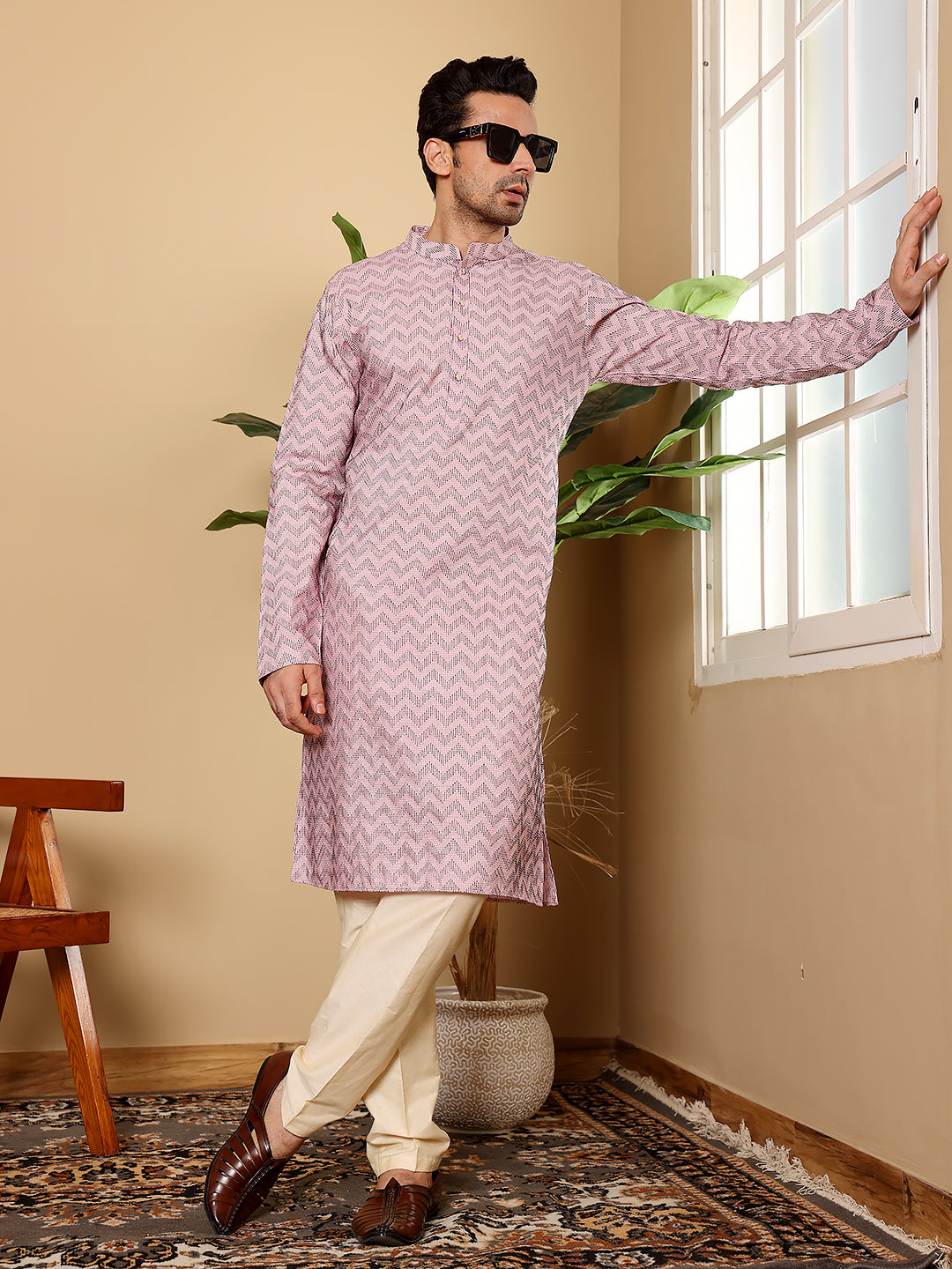 MULTI SHADES Men's Long Sleeve Mandarin Collar Elegant Pink Straight Cotton Kurta With Embroidery | Grocsy