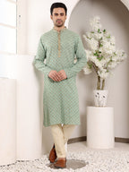 MULTI SHADES Men's Elegant Sea Green Straight Cotton Kurta With Embroidery,Cream Solid Trouser Style Churidar | Grocsy