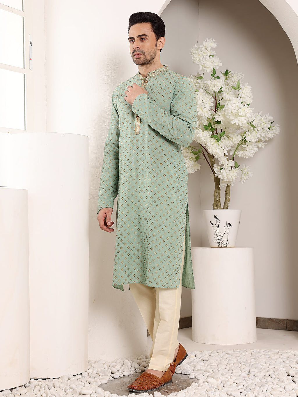 MULTI SHADES Men's Elegant Sea Green Straight Cotton Kurta With Embroidery,Cream Solid Trouser Style Churidar | Grocsy