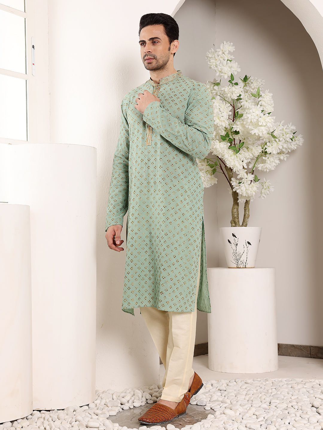 MULTI SHADES Men's Elegant Sea Green Straight Cotton Kurta With Embroidery,Cream Solid Trouser Style Churidar | Grocsy