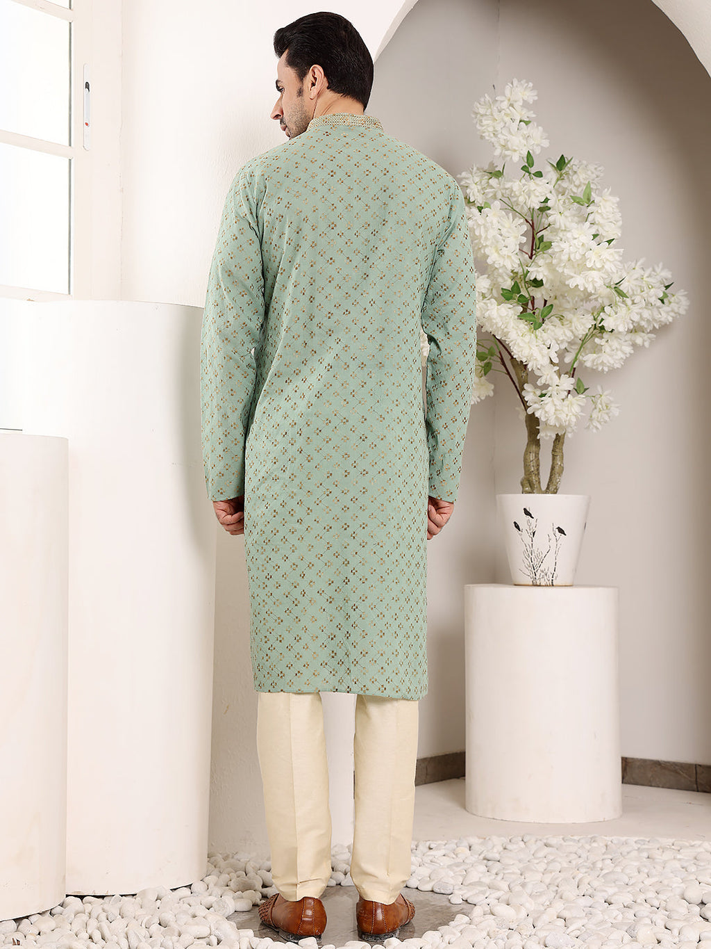 MULTI SHADES Men's Elegant Sea Green Straight Cotton Kurta With Embroidery,Cream Solid Trouser Style Churidar | Grocsy