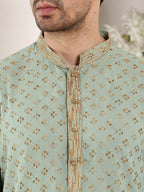 MULTI SHADES Men's Elegant Sea Green Straight Cotton Kurta With Embroidery,Cream Solid Trouser Style Churidar | Grocsy
