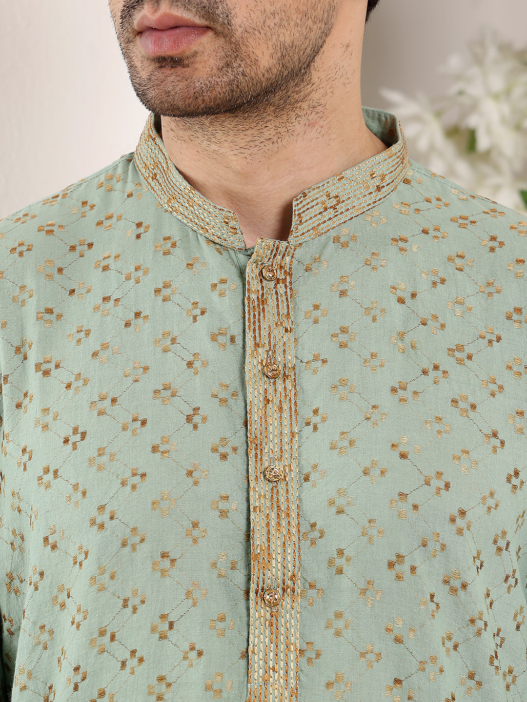 MULTI SHADES Men's Elegant Sea Green Straight Cotton Kurta With Embroidery,Cream Solid Trouser Style Churidar | Grocsy