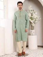 MULTI SHADES Men's Elegant Sea Green Straight Cotton Kurta With Embroidery,Cream Solid Trouser Style Churidar | Grocsy