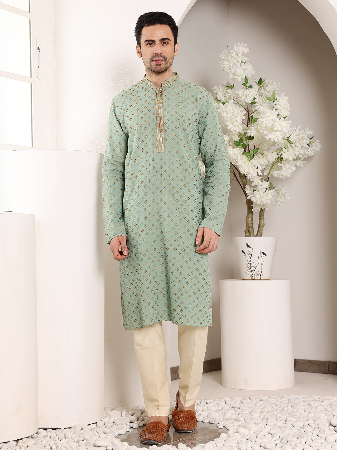 MULTI SHADES Men's Elegant Sea Green Straight Cotton Kurta With Embroidery,Cream Solid Trouser Style Churidar | Grocsy