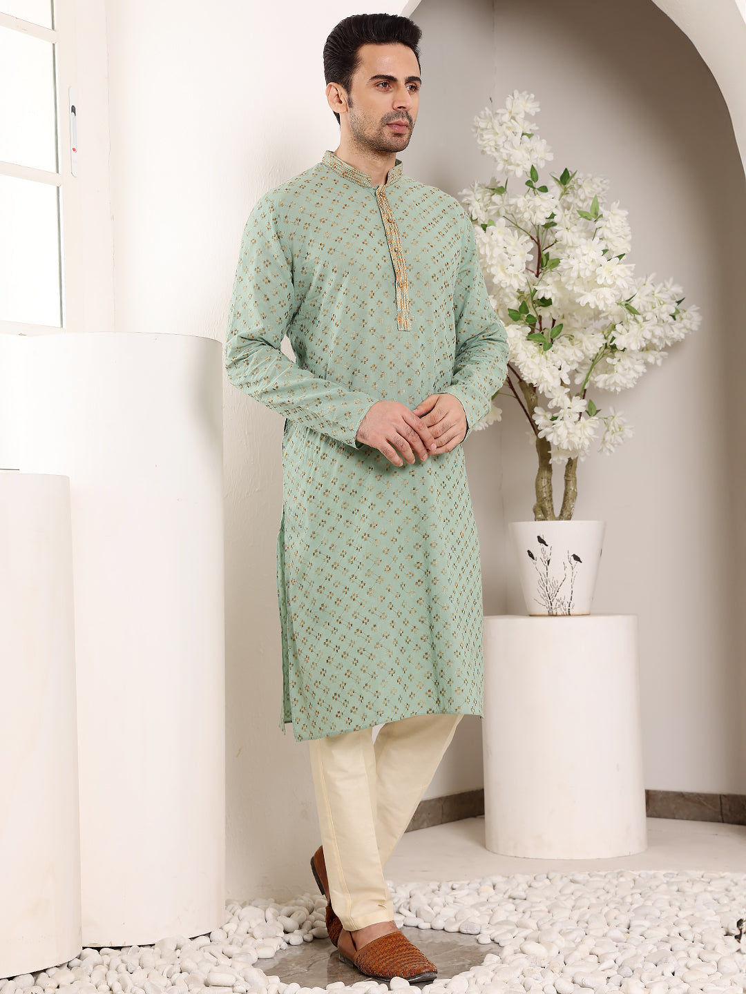 MULTI SHADES Men's Long Sleeve Mandarin Collar Elegant Sea Green Straight Cotton Kurta With Embroidery | Grocsy