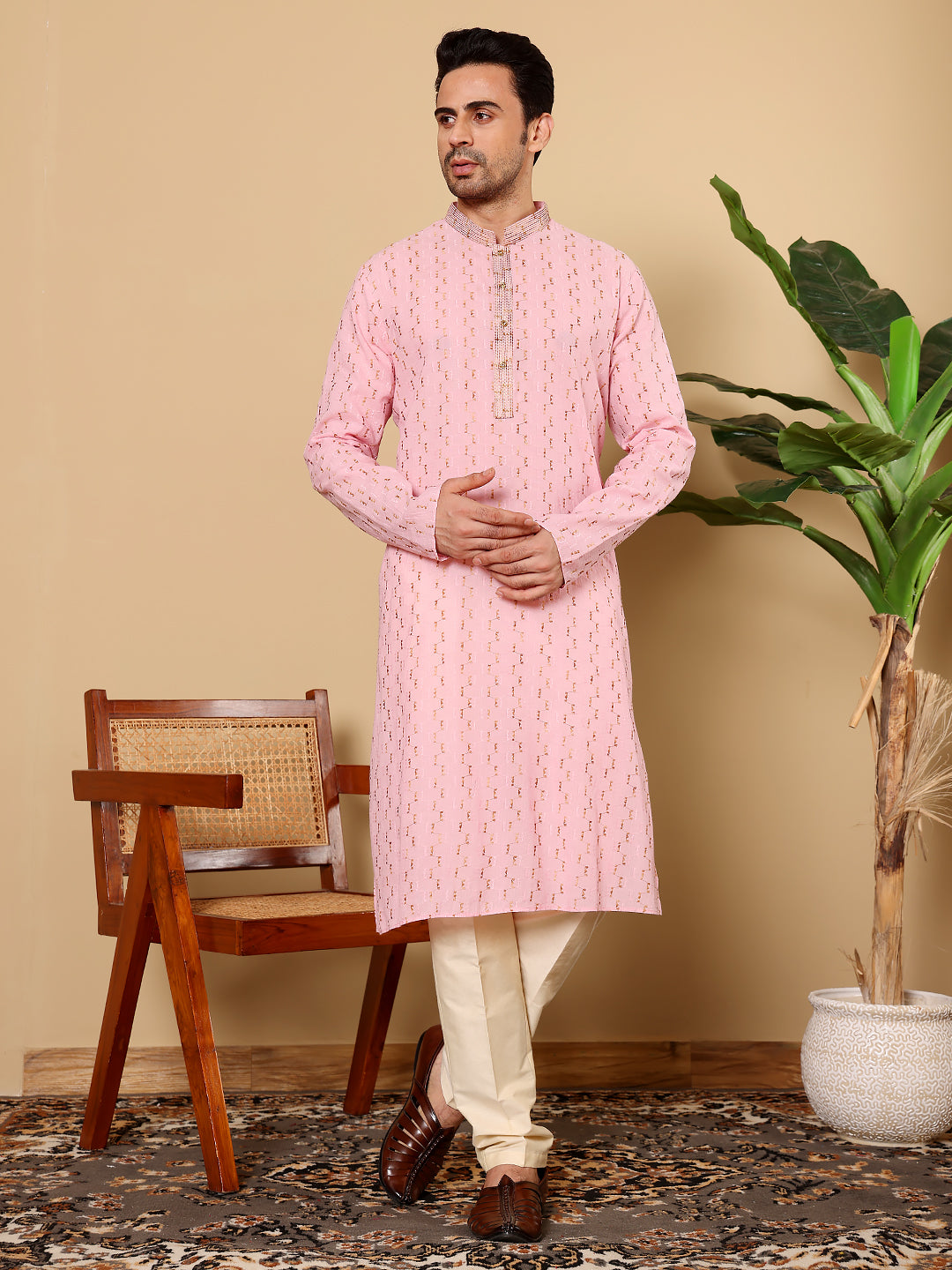 MULTI SHADES Men's Elegant Pink Straight Cotton Kurta With Embroidery,Cream Solid Trouser Style Churidar | Grocsy