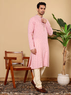 MULTI SHADES Men's Long Sleeve Mandarin Collar Elegant Pink Straight Cotton Kurta With Embroidery | Grocsy