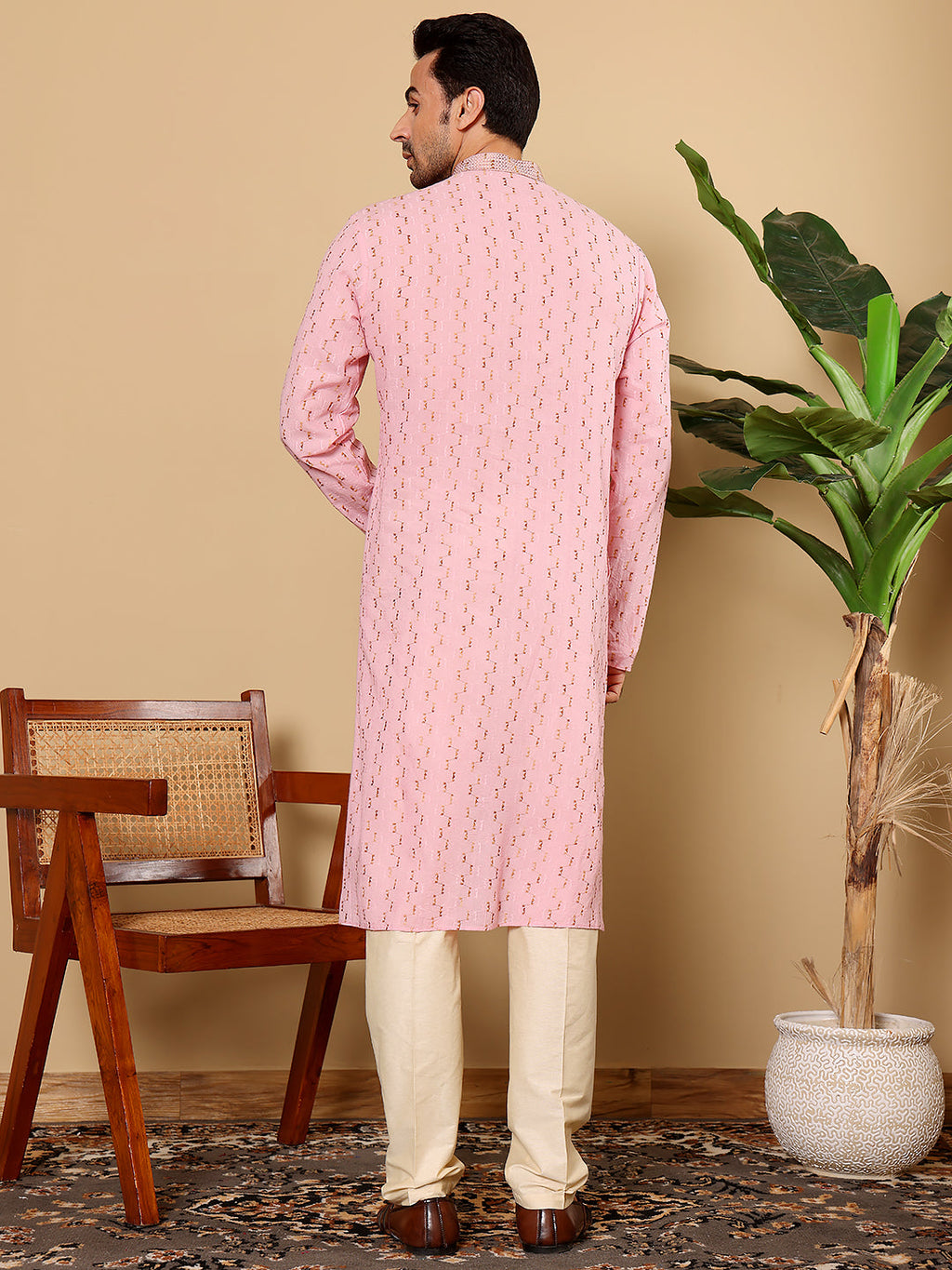 MULTI SHADES Men's Elegant Pink Straight Cotton Kurta With Embroidery,Cream Solid Trouser Style Churidar | Grocsy