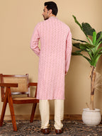 MULTI SHADES Men's Elegant Pink Straight Cotton Kurta With Embroidery,Cream Solid Trouser Style Churidar | Grocsy