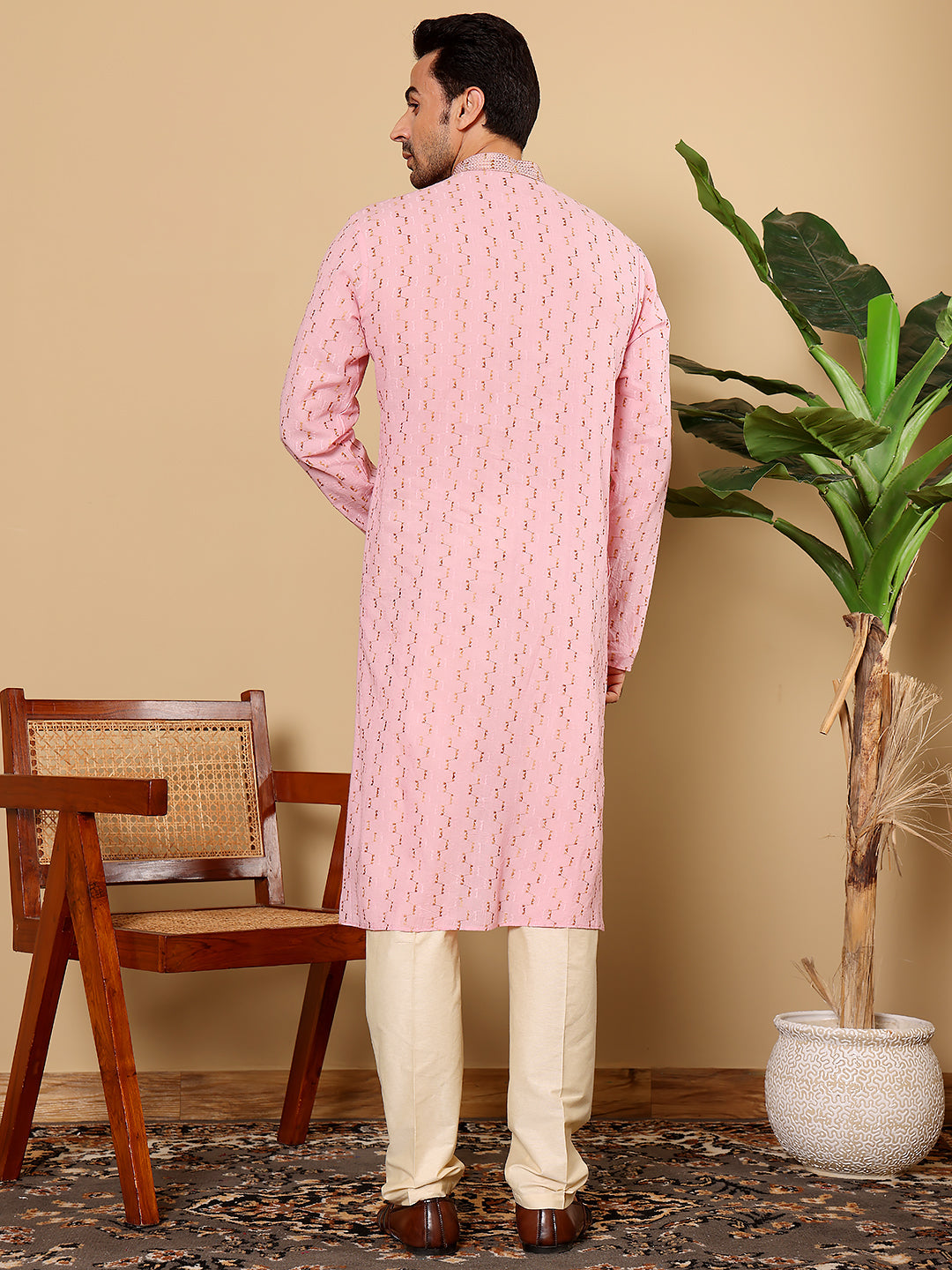 MULTI SHADES Men's Elegant Pink Straight Cotton Kurta With Embroidery,Cream Solid Trouser Style Churidar | Grocsy