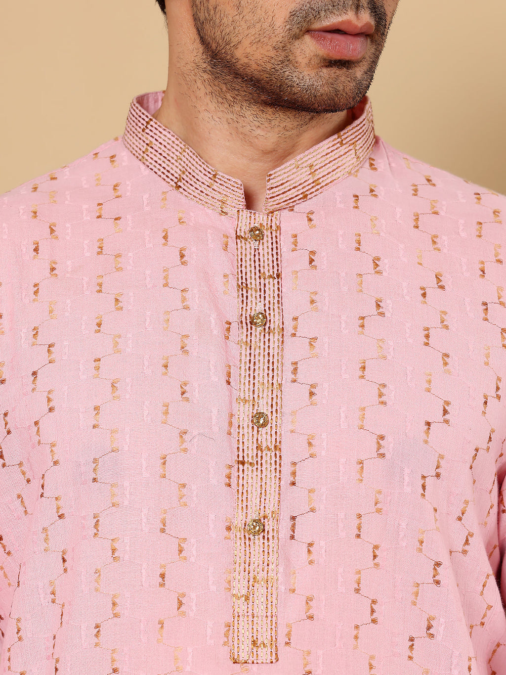MULTI SHADES Men's Elegant Pink Straight Cotton Kurta With Embroidery,Cream Solid Trouser Style Churidar | Grocsy