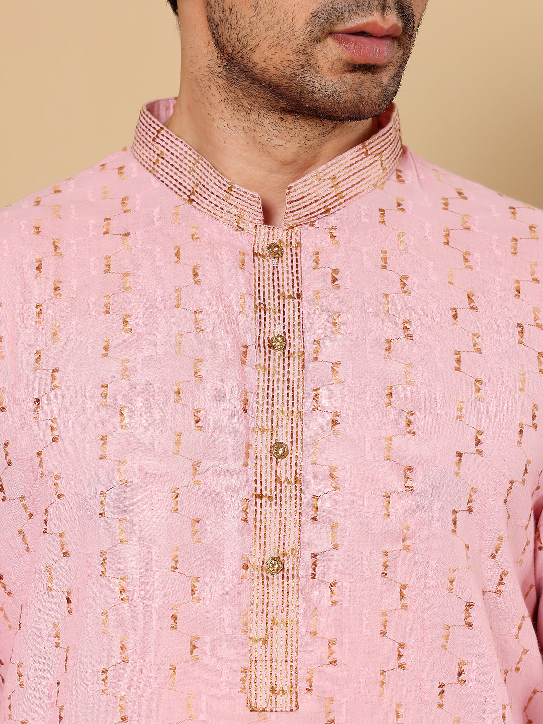MULTI SHADES Men's Elegant Pink Straight Cotton Kurta With Embroidery,Cream Solid Trouser Style Churidar | Grocsy