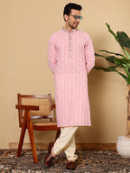 MULTI SHADES Men's Elegant Pink Straight Cotton Kurta With Embroidery,Cream Solid Trouser Style Churidar | Grocsy