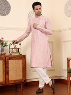 MULTI SHADES Men's Pink Straight Viscose Silk Kurta With Embroidered Neckline And Motifs,Cream Solid Trouser Style Churidar | Grocsy