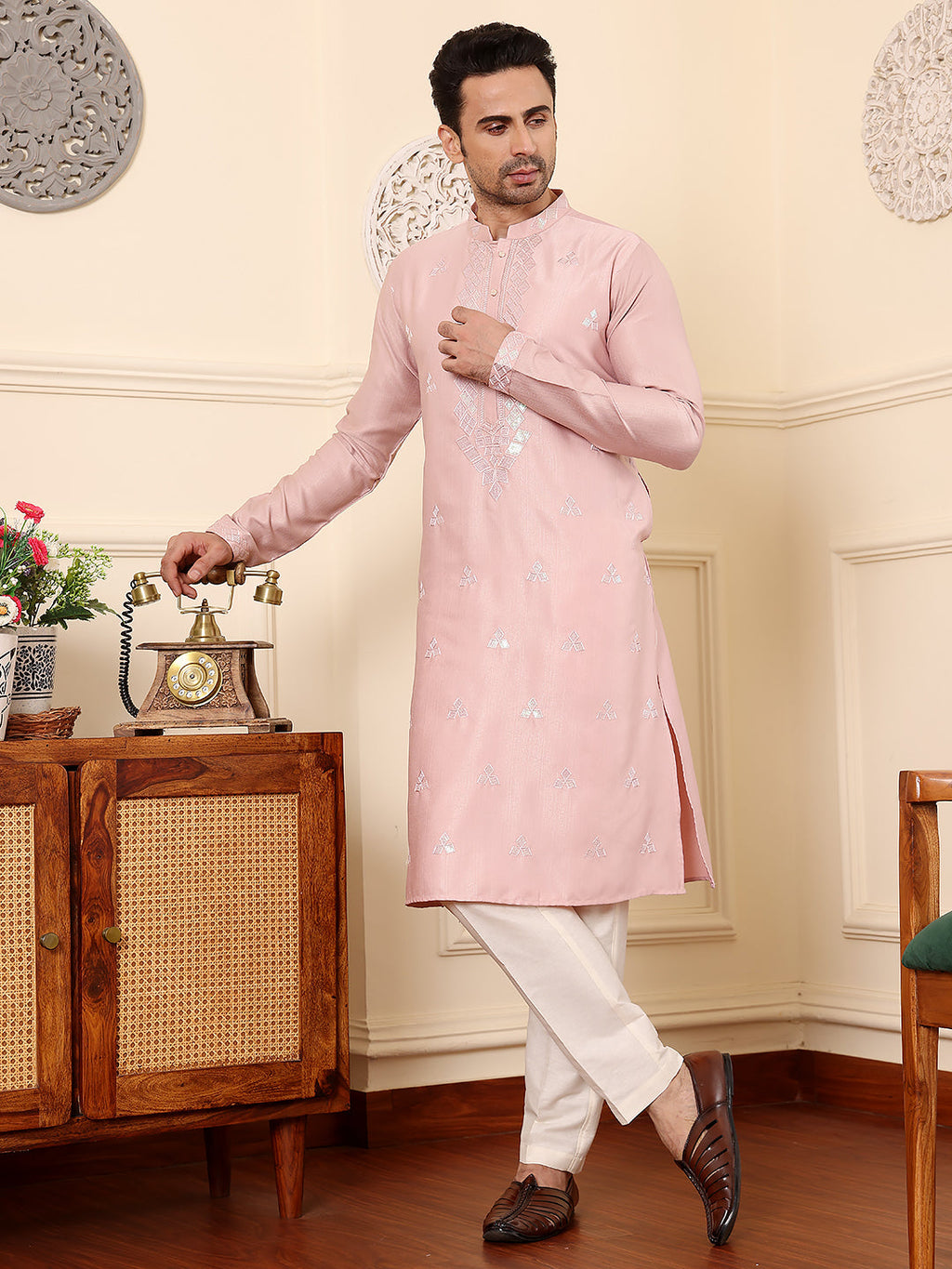 MULTI SHADES Men's Long Sleeve Mandarin Collar Pink Straight Viscose Silk Kurta With Embroidered Neckline And Motifs | Grocsy