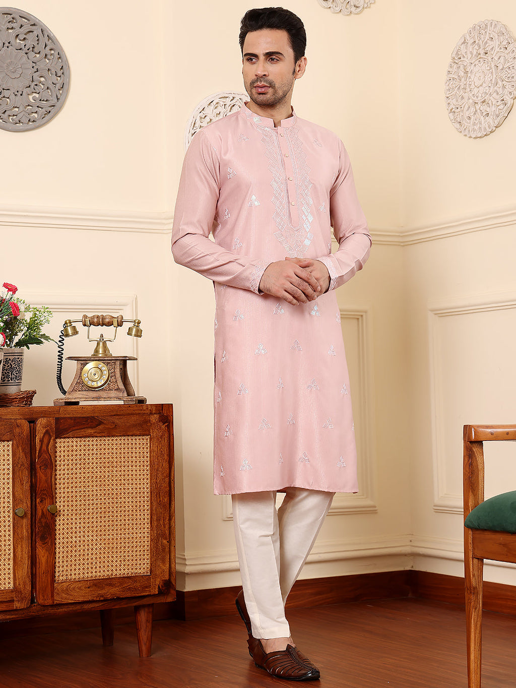 MULTI SHADES Men's Pink Straight Viscose Silk Kurta With Embroidered Neckline And Motifs,Cream Solid Trouser Style Churidar | Grocsy