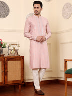 MULTI SHADES Men's Pink Straight Viscose Silk Kurta With Embroidered Neckline And Motifs,Cream Solid Trouser Style Churidar | Grocsy
