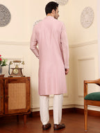 MULTI SHADES Men's Pink Straight Viscose Silk Kurta With Embroidered Neckline And Motifs,Cream Solid Trouser Style Churidar | Grocsy