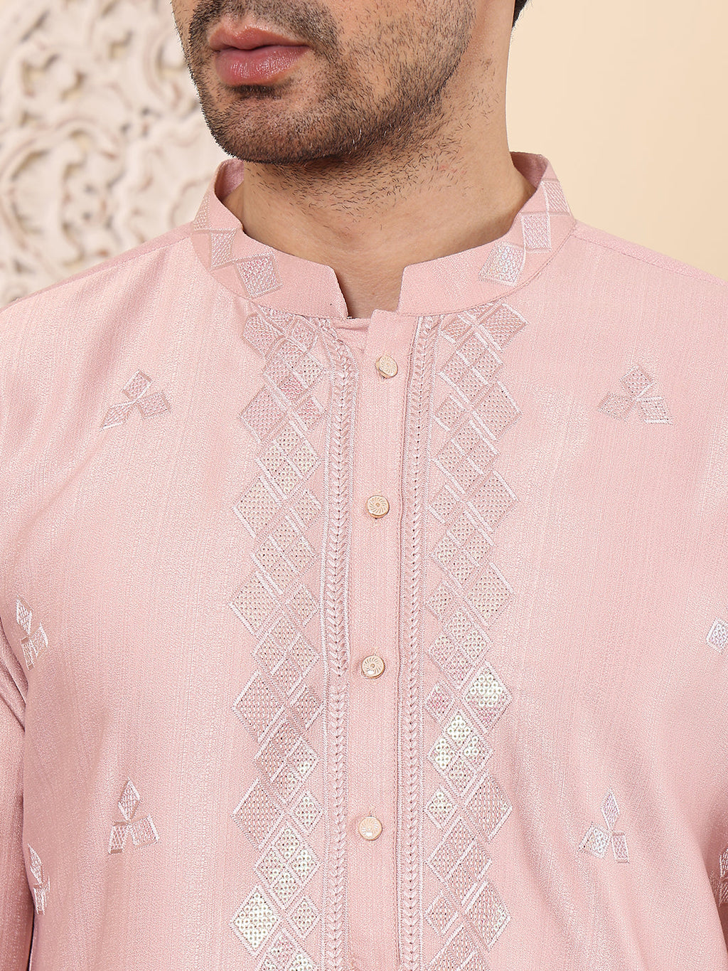 MULTI SHADES Men's Pink Straight Viscose Silk Kurta With Embroidered Neckline And Motifs,Cream Solid Trouser Style Churidar | Grocsy