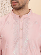 MULTI SHADES Men's Pink Straight Viscose Silk Kurta With Embroidered Neckline And Motifs,Cream Solid Trouser Style Churidar | Grocsy