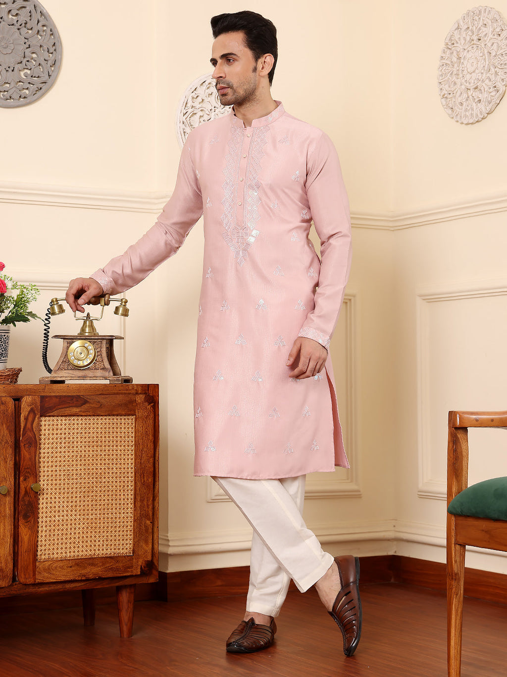 MULTI SHADES Men's Pink Straight Viscose Silk Kurta With Embroidered Neckline And Motifs,Cream Solid Trouser Style Churidar | Grocsy