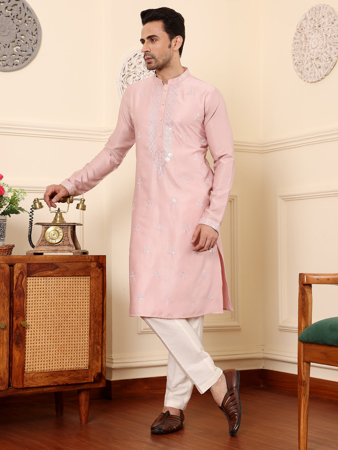 MULTI SHADES Men's Pink Straight Viscose Silk Kurta With Embroidered Neckline And Motifs,Cream Solid Trouser Style Churidar | Grocsy
