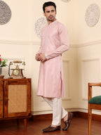MULTI SHADES Men's Pink Straight Viscose Silk Kurta With Embroidered Neckline And Motifs,Cream Solid Trouser Style Churidar | Grocsy