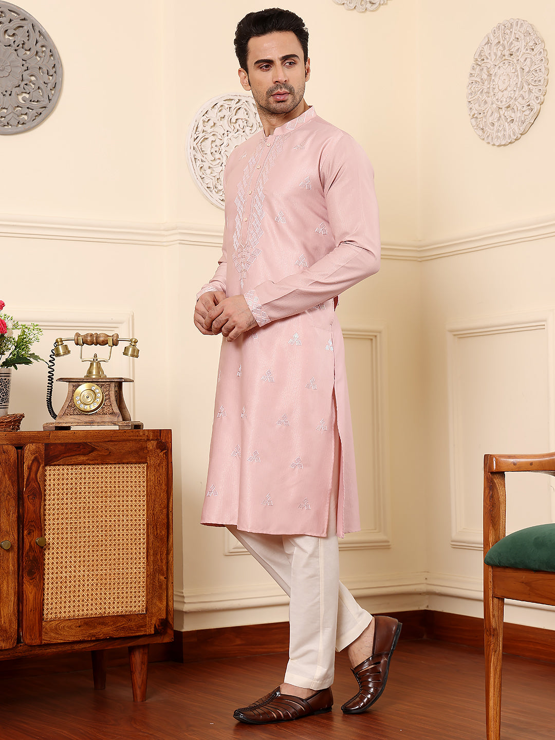 MULTI SHADES Men's Long Sleeve Mandarin Collar Pink Straight Viscose Silk Kurta With Embroidered Neckline And Motifs | Grocsy
