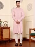 MULTI SHADES Men's Pink Straight Viscose Silk Kurta With Embroidered Neckline And Motifs,Off White Solid Trouser Style Churidar | Grocsy