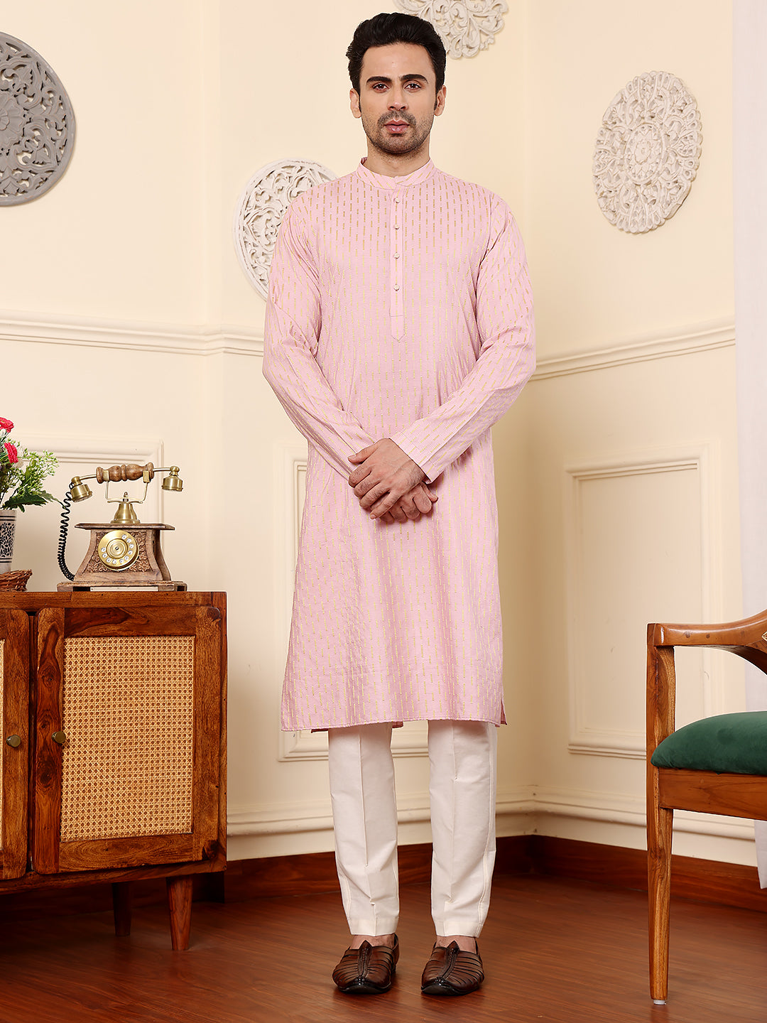 MULTI SHADES Men's Long Sleeve Mandarin Collar Pink Straight Viscose Silk Kurta With Embroidered Neckline And Motifs | Grocsy