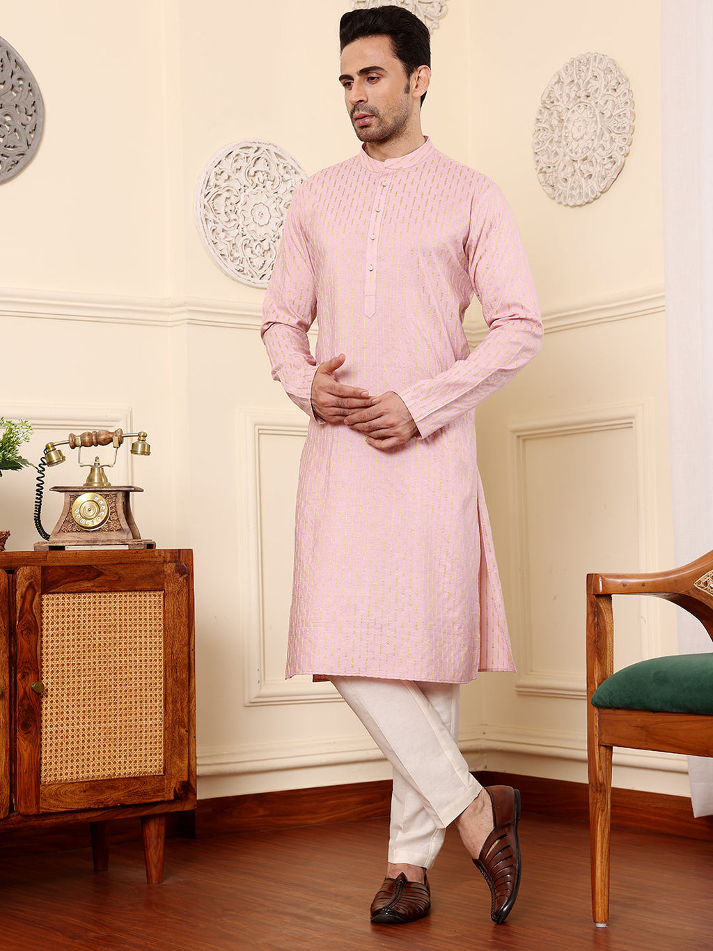 MULTI SHADES Men's Long Sleeve Mandarin Collar Pink Straight Viscose Silk Kurta With Embroidered Neckline And Motifs | Grocsy