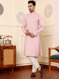 MULTI SHADES Men's Long Sleeve Mandarin Collar Pink Straight Viscose Silk Kurta With Embroidered Neckline And Motifs | Grocsy