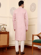 MULTI SHADES Men's Long Sleeve Mandarin Collar Pink Straight Viscose Silk Kurta With Embroidered Neckline And Motifs | Grocsy