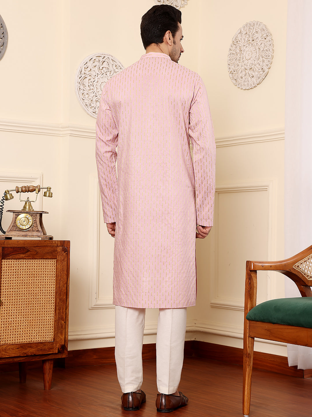 MULTI SHADES Men's Long Sleeve Mandarin Collar Pink Straight Viscose Silk Kurta With Embroidered Neckline And Motifs | Grocsy