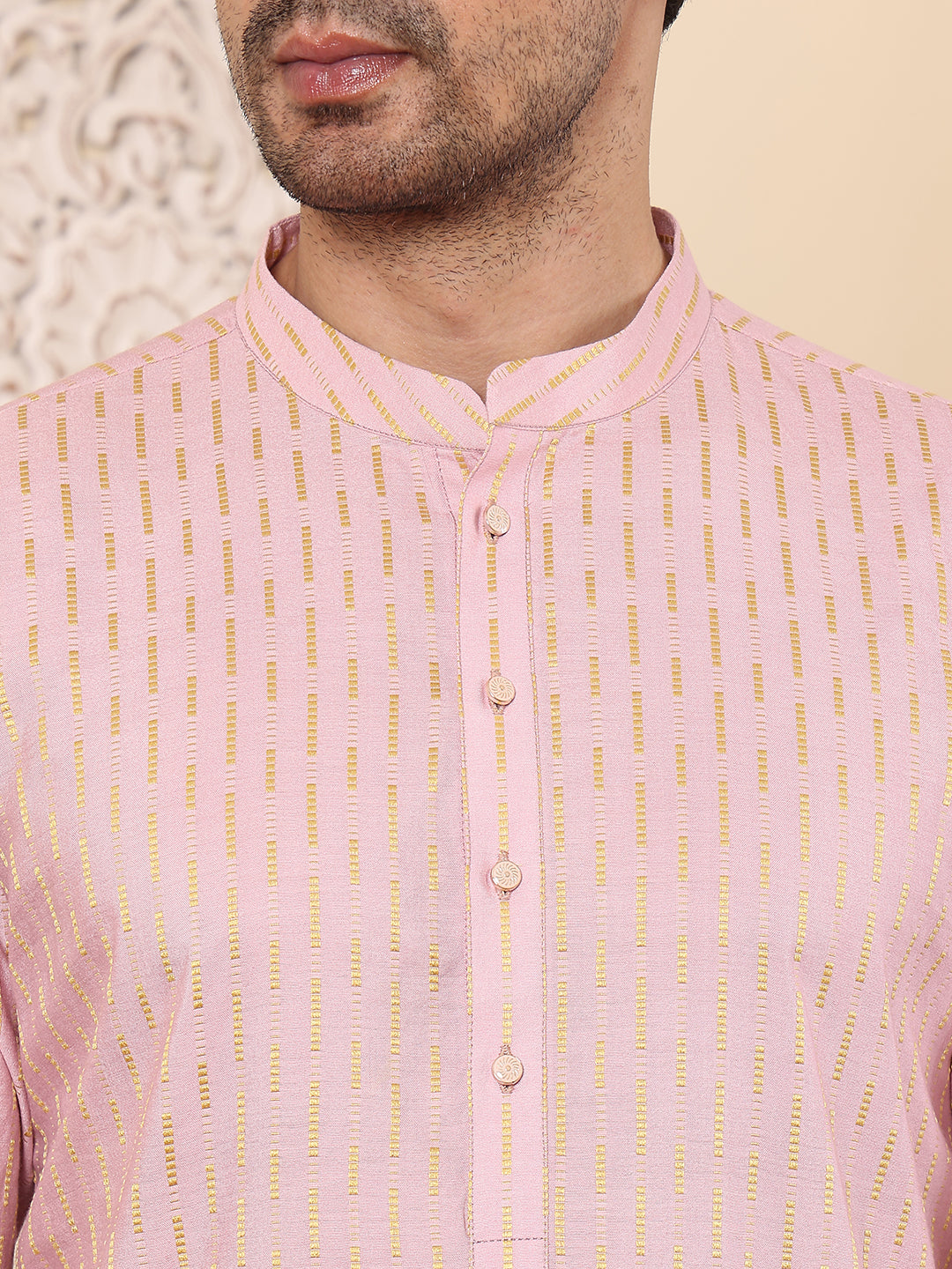 MULTI SHADES Men's Long Sleeve Mandarin Collar Pink Straight Viscose Silk Kurta With Embroidered Neckline And Motifs | Grocsy